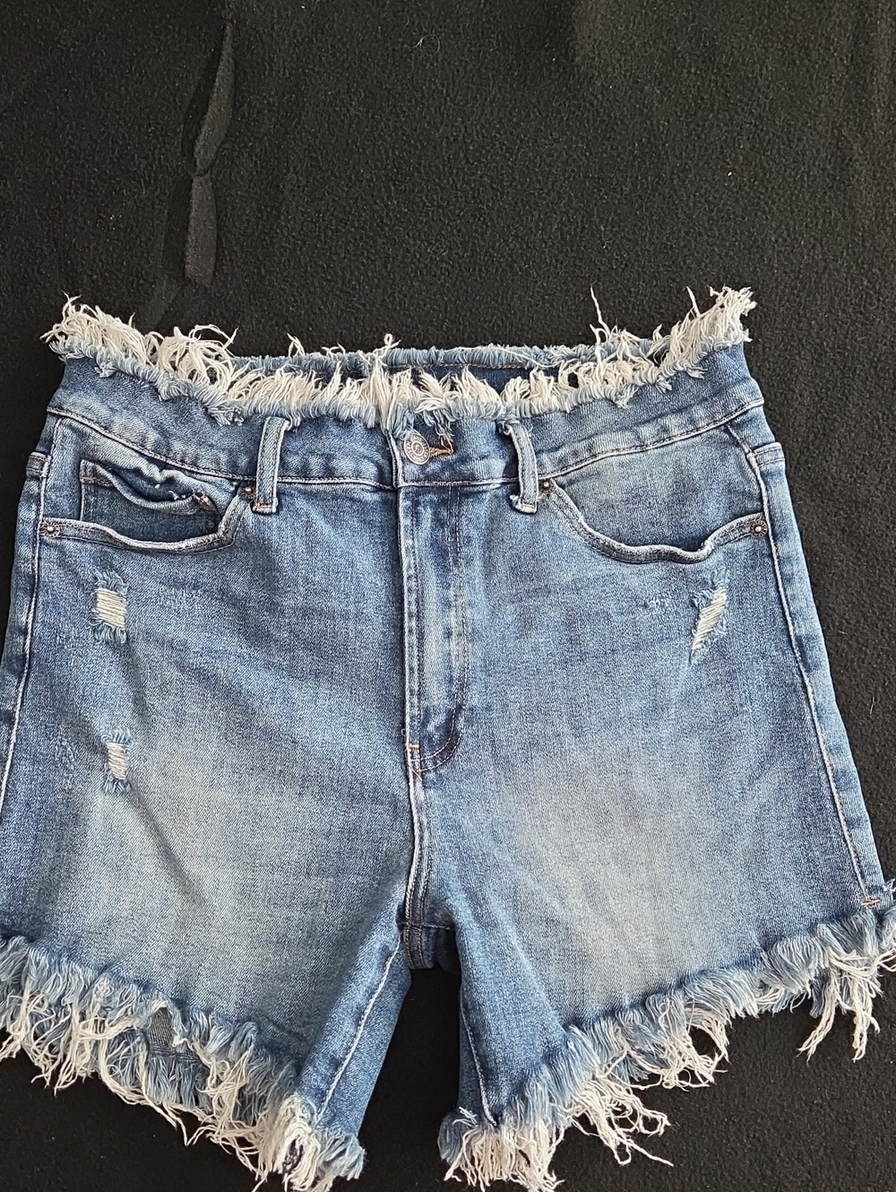 Risen Washed Blue Distressed Denim Shorts - Frayed Waist & Hem